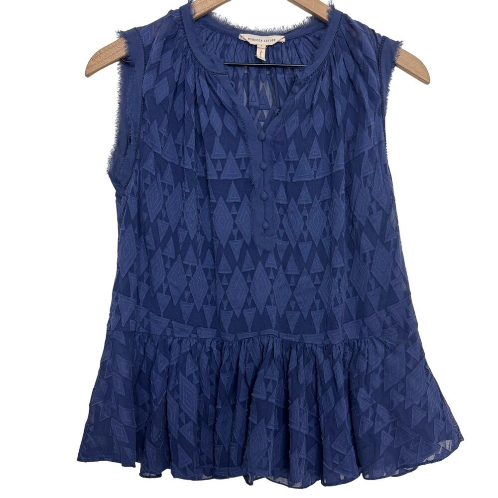 Rebecca Taylor Navy Blue Diamond Embroidered Tank Top Size 4 Silk Cotton